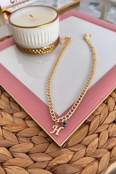 Trendy Butik قلادة سلسلة حنين رفيعة مع حرف H وعين الشر المتدلية