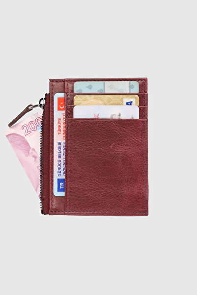 Grande 853 Genuine Leather Coin Compartment Zippered Vertical Card Holder Crazy Claret Red