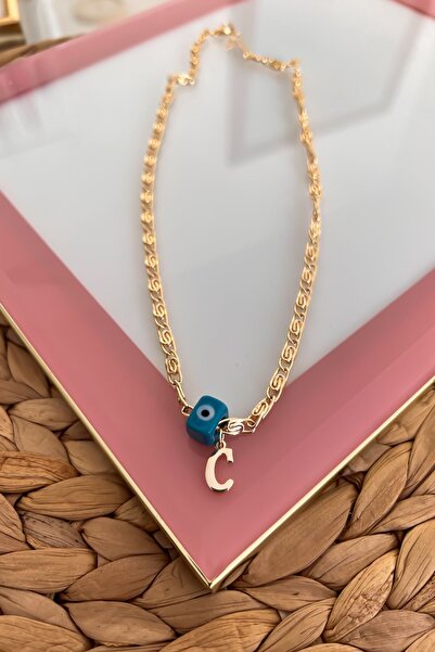 Trendy Butik Nostalji Boncuklu C Harfli Ezme Zincirli Kolye