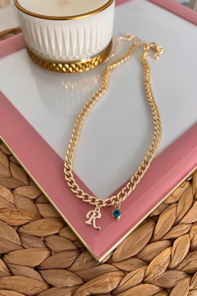 Trendy Butik Thin Nostalgia Chain Necklace with Letter R and Evil Eye Hanging