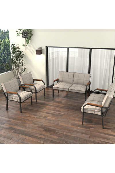 Mygusi Hayal Balkon Bahçe Cafe - Metal Kanepe Koltuk Takımı - 2 2 1 1 - Krem