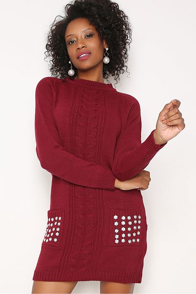 AVORWE Impletitura de par cu model buzunare decolteu cu perle brodate tricotaje mini rochie