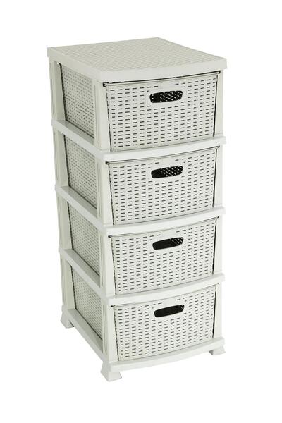 Galleon Design Rattan Komidin (4 ÇEKMECELİ SEBZELİK) Kirli Beyaz
