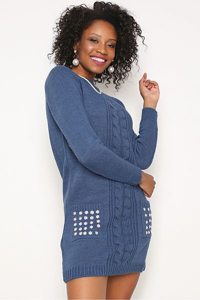 AVORWE Impletitura de par cu model buzunare decolteu cu perle brodate tricotaje mini rochie