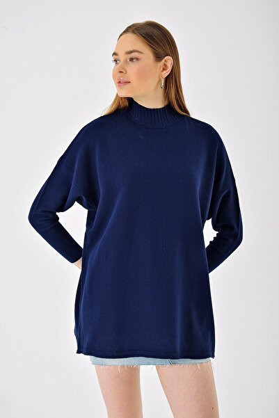 CHUBA Women's Navy Blue Half Turtleneck Loose Long Knitwear Poncho 22wk222