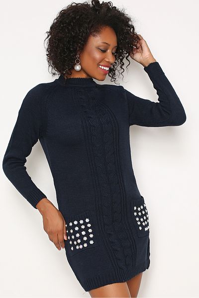 AVORWE Impletitura de par cu model buzunare decolteu cu perle brodate tricotaje mini rochie