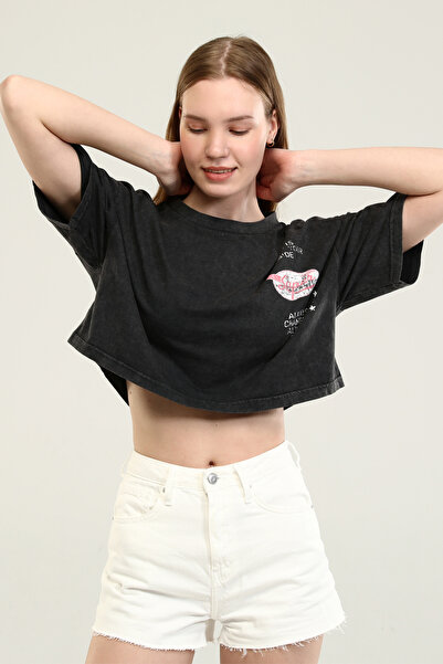 Owut Collection Antrasit Baskı Detaylı Crop