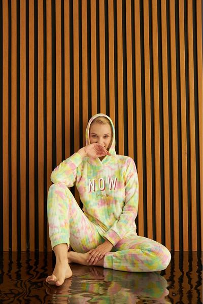 Pijamoni Women's Corded Hooded Fleece Pajama Set 3720 - Yellow
