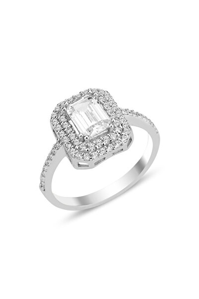 KAR DİAMOND 925 Ayar Gümüş Rodyumlu Baget Taşlı Pırlanta Modeli Yüzük - Serti...