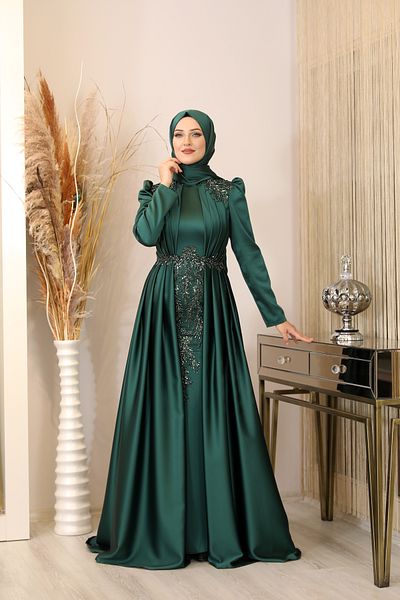 Surikka Βραδινό φόρεμα Hijab Karaca με ντραπέ στο μπροστινό μέρος, σμαραγδί