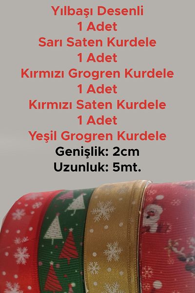 Netsan Etiket 2CM X 5MT CHRISTMAS PATTERNED RED+GREEN GROGREN RIBBON, RED+YELLOW SATIN RIBBON