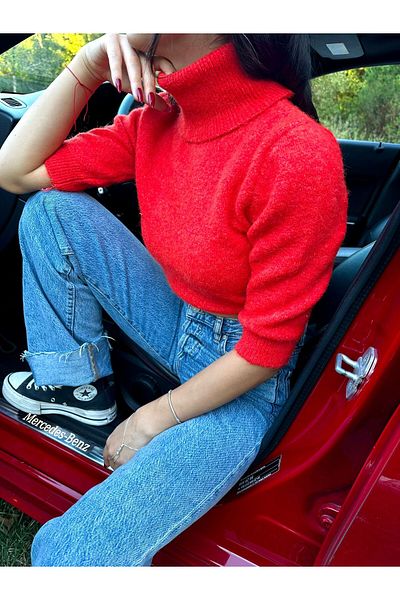 Dilvin 10306 Turtleneck Short Sleeve Crop Sweater-Red