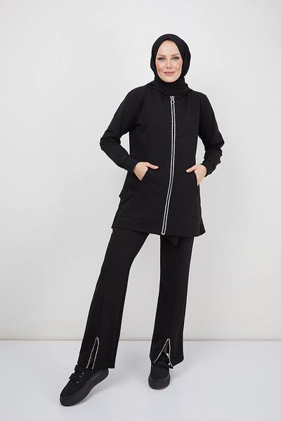 THE RAREBELL Hooded with Flywheel on the Back, Cardigan, Rhinestone Zipper Detailed Set