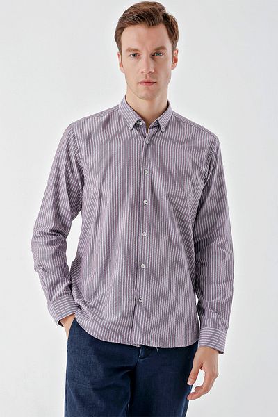 Morven Men's Burgundy Trend Striped Pattern Button Collar Regular Fit Shirt