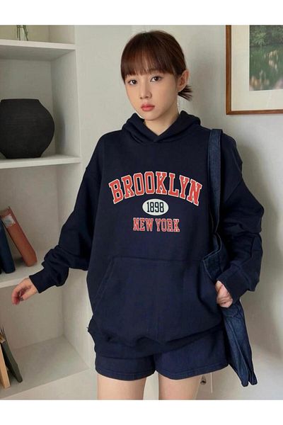My Blog Navy Blue Oversize Brooklyn Printed Hooded Sweatshirt