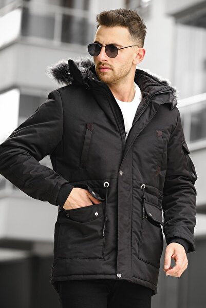 Oksit Remo Fur Lined Hooded Canvas Long Coat Parka