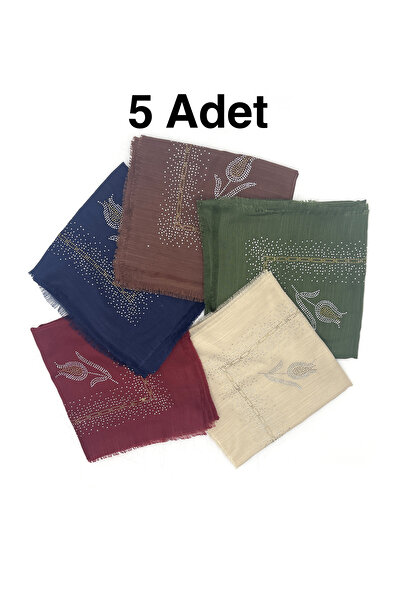 nazipek Taş İşlemeli Flamlı 5'li Set Yazma Gül Desenli Eşarp 100x100cm