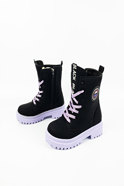 Aktaş Ayakkabı Çocuk Kız Siyah Mor Su Geçirmez İçi Yünlü Fermuarlı Bot