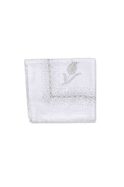nazipek Stone Embroidered White Flame Writing Rose Pattern Scarf 100x100cm