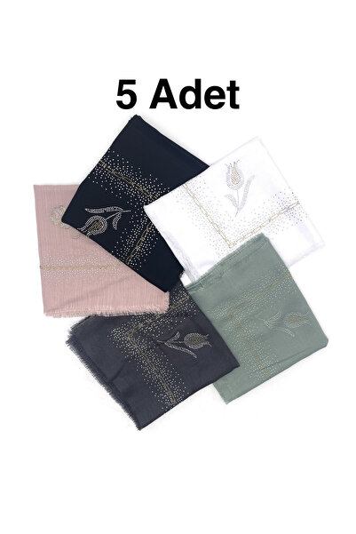nazipek Taş İşlemeli Flamlı 5'li Set Yazma Gül Desenli Eşarp 100x100cm