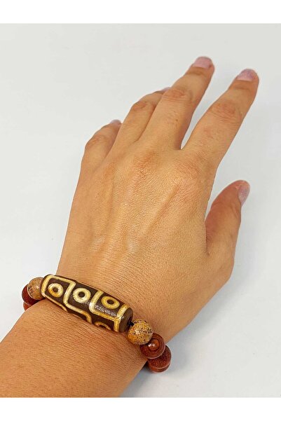 Yasamtohumu Tibet Akik & Jasper Taşlı Dokuz Göz Sembollü Unisex Ahşap Bileklik 8mm