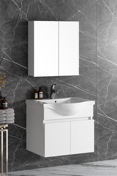 ÖZCEDEN Yıldız 55 cm Beyaz MDF Seramik Lavabolu Asma Banyo Dolabı Takımı