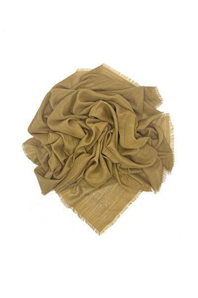 nazipek Stone Embroidered Beige Flame Writing Rose Pattern Scarf 100x100cm