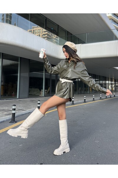 minaaise Haki Çıtçıt Detaylı Oversize Deri Gömlek 26061