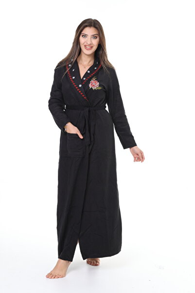 mervemoda Dámský černý fleecový dlouhý župan vysoce kvalitního županu s vlečkami