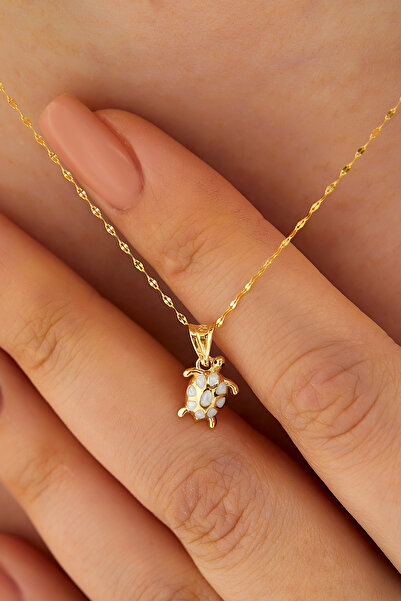 MİLET KUYUMCULUK 14 Ayar Altın Aynalı Zincirli Ve Mineli Kaplumbağ Kolye