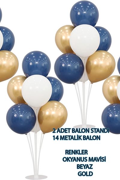 Parti dolabı 2 τεμάχια 7 τεμαχίων μπαλόνι και 14 τεμαχίων Ocean Blue-White-Gold Metallic Balloon Set