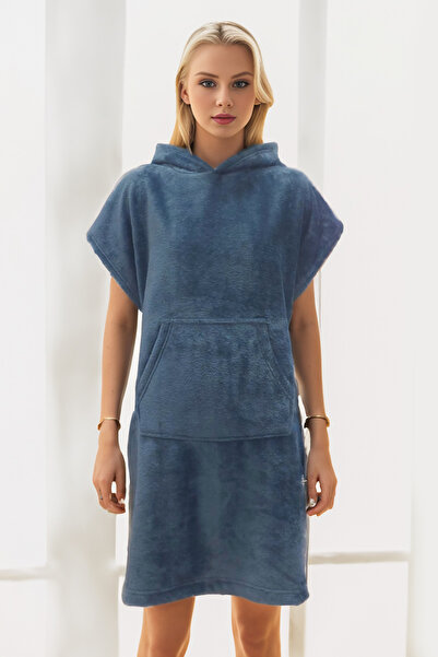 MY STAR HOME Mavi Kapüşonlu Ekstra Yumuşak Kadın Sabahlık Düşük Kollu Polişingli Raşel Ev Giysisi
