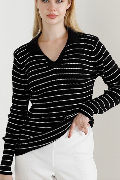 VEGENZE Women's Black Stripe Pattern Polo V-Neck Knitwear Sweater