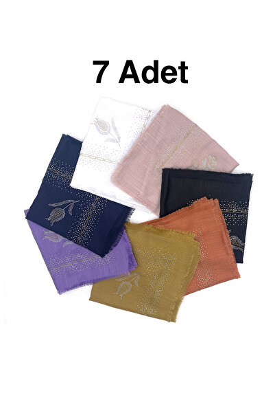 nazipek Taş İşlemeli Flamlı 7'li Set Yazma Gül Desenli Hediyelik Eşarp 100x10...