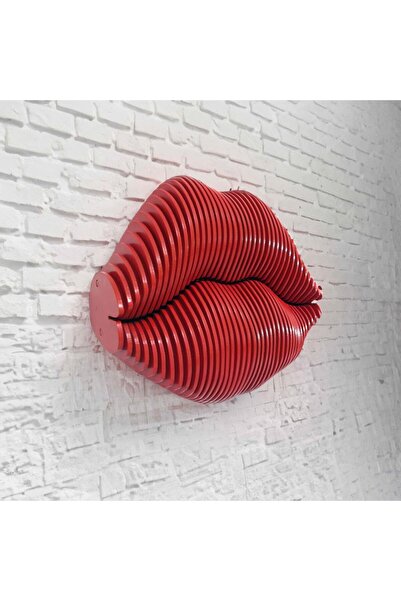 CajuArt 3 Boyutlu Parametrik Ahşap Kırmızı Dudak Modern Duvar Dekoru Tablo