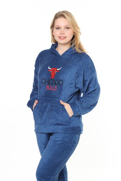 mervemoda Γυναικεία φόρμα δύο τεμαχίων με κουκούλα Indigo welsoft με απαλή υφή μπροστινό κέντημα