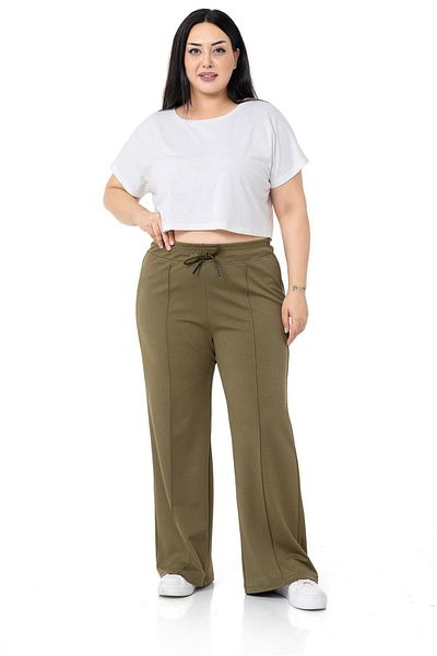 DISENTIS MODEST Large Size Elastic Waist and Rope Drawstring Ribbed Stitching Wide Leg Khaki Trousers
