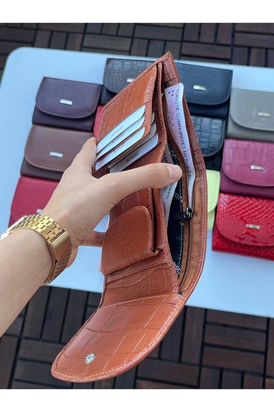 DERKON LUİSY MODEL GENUINE LEATHER ZIPPER DETAILED WOMEN'S WALLET Crocodile Patterned Tan