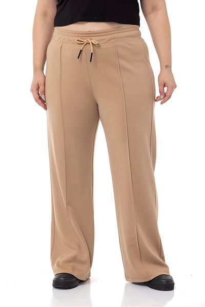 DISENTIS MODEST Large Size Elastic Waist and Rope Drawstring Ribbed Stitching Wide Leg Mink Trousers