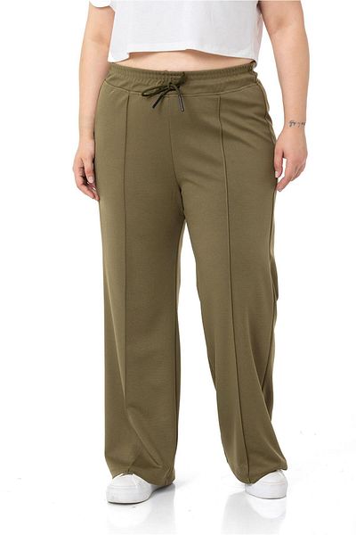 DISENTIS MODEST Large Size Elastic Waist and Rope Drawstring Ribbed Stitching Wide Leg Khaki Trousers