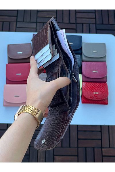 DERKON LUİSY MODEL GENUINE LEATHER ZIPPER DETAILED WOMEN'S WALLET Crocodile Patterned BROWN