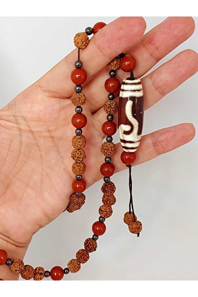 Yasamtohumu Tibet Akik & Jasper Taşlı Para Kancası Sembollü Rudraksha Unisex Kolye 8mm