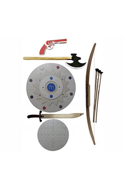 Ahtek Ahşap Oyuncak Seti 6'lı, Kalkan + Doğal Gürgen Ok Yay + Kılıç + Balta +...