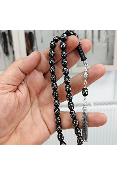 OltutaşıMarket Yoğun Gümüş İşlemeli Gümüş Püsküllü Gürcistan Oltu Taşı Tesbih