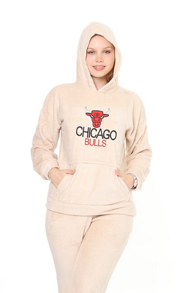 mervemoda Women's Salmon welsoft hooded soft textured embroidery front double tracksuit suit