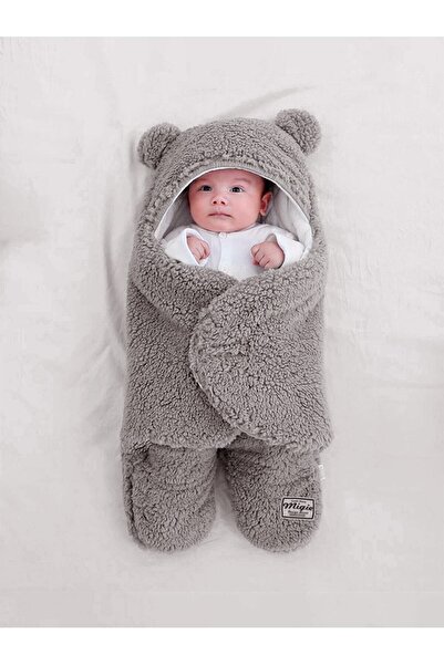 migie 0-4 Ay Bebek Dış Kundak Uyku Tulumu Kıvırcık Wellsoft Peluş Gri