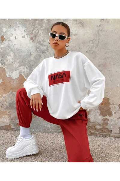 mercoledi سويت شيرت أبيض مطبوع من ناسا، أسود/ساكس/أحمر، طقم رياضي ذو رقبة دائ...