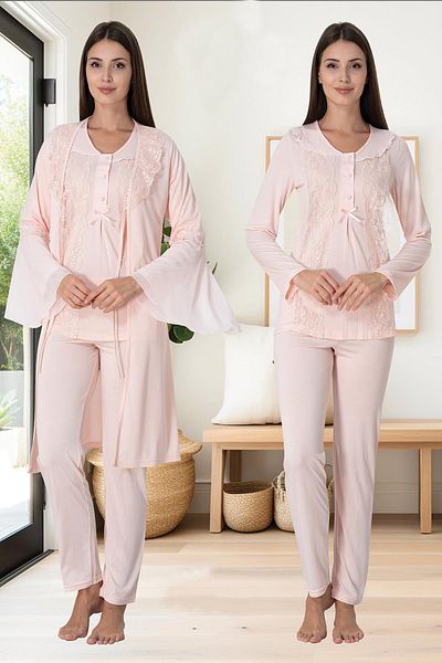 BLACKMORE Women's Salmon Long Sleeve Lace Maternity Maternity Dressing Gown 3-Piece Pajamas Set