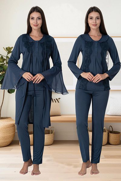 BLACKMORE Women's Navy Blue Long Sleeve Lace Maternity Maternity Dressing Gown 3-Piece Pajamas Set