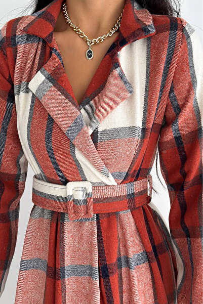 Neşeli Butik Rochie de damă din țesătură groasă cu curea cu model în carouri - KKLF60